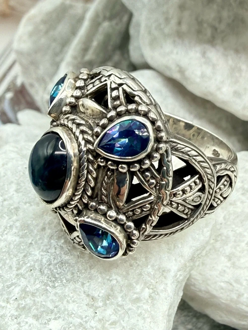 Vintage SARDA 925 Sterling Silver Sapphire Blue Topaz Statement Ring Size 8 EUC